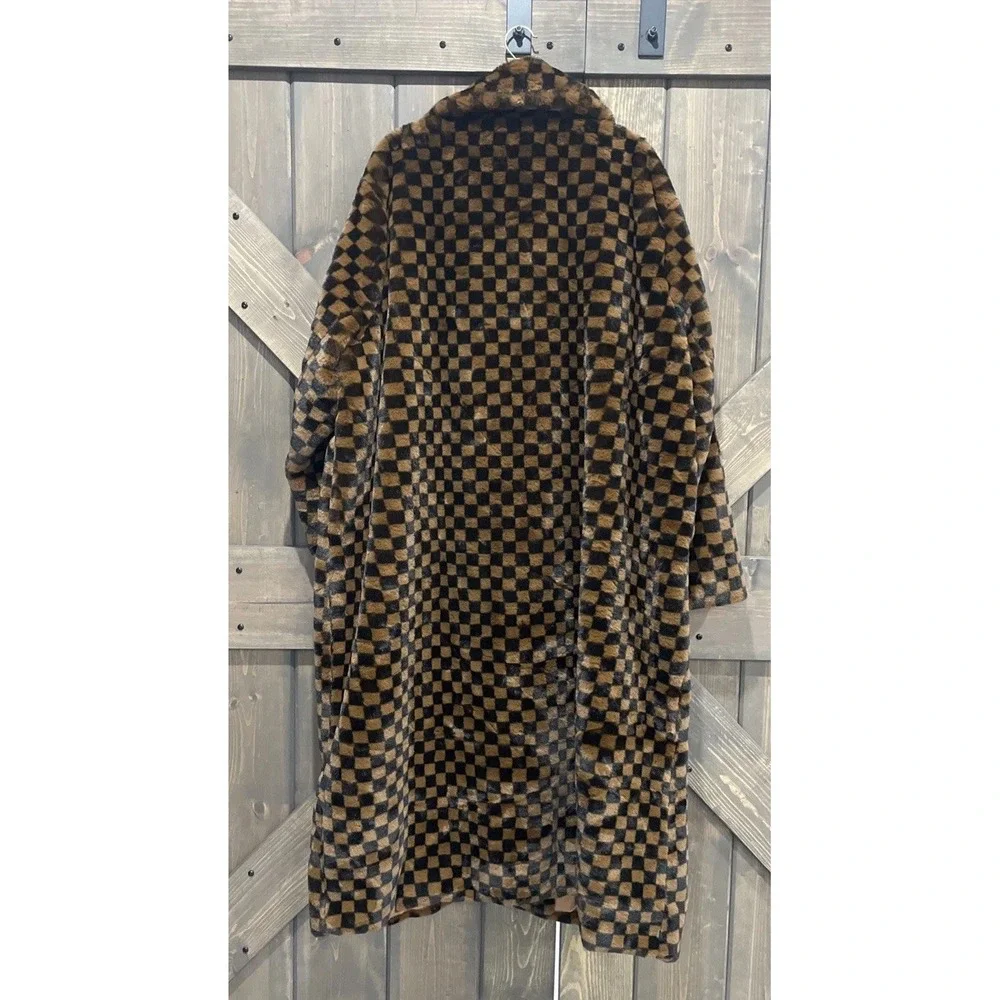 Pretty Little‎ Thing Brown STONE Checked Faux Fur Coat Women's Size 18
